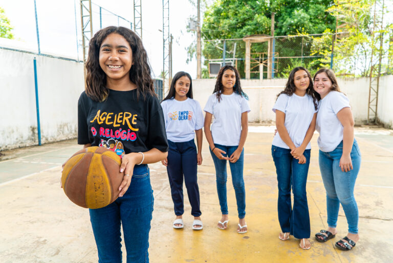Girls playing basketball at Plan's Leadership Academy in Brazil