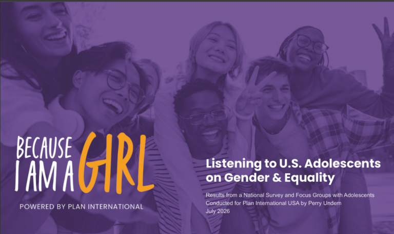 A group of girls smiling with the "Because I am a Girl" logo and subtitle which reads "Powered by Plan International".