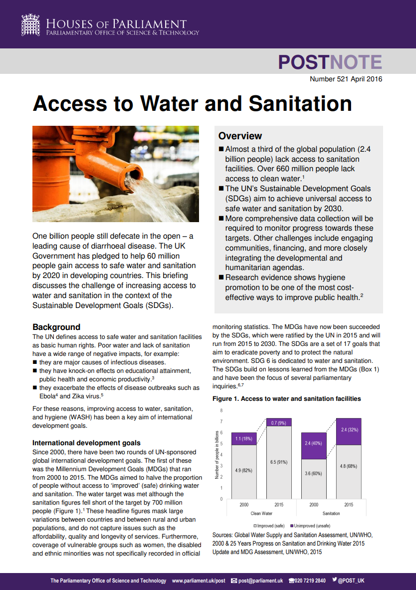 Houses of Parliament Postnote: Access to Water and Sanitation - report
