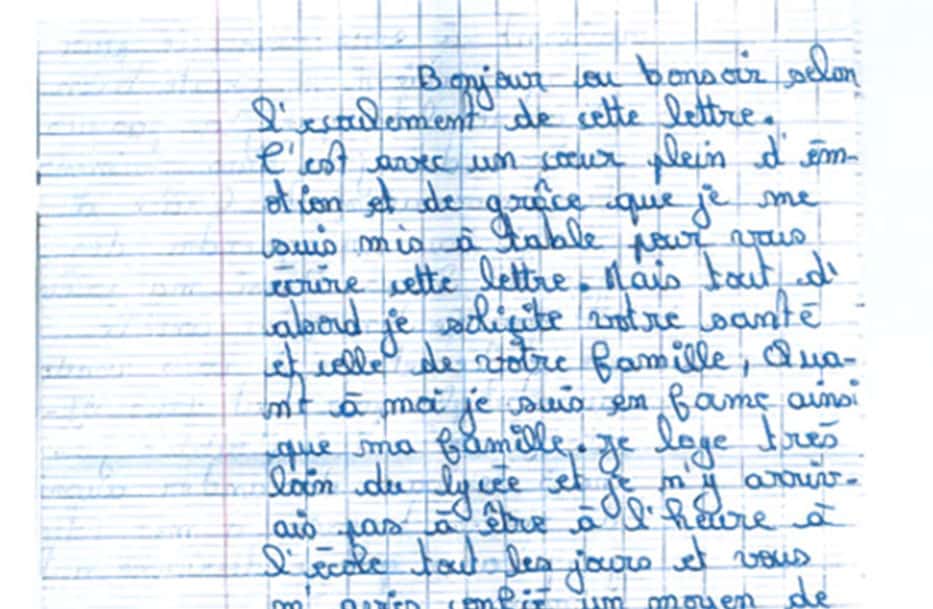 Handwritten letter from sponsored teenage girl, Marceline, in Burkina Faso, Africa
