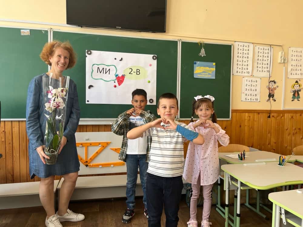 A few children who were able to return to school in Ukraine gifted flowers to their teacher, as is tradition on the first day of school in the country.
