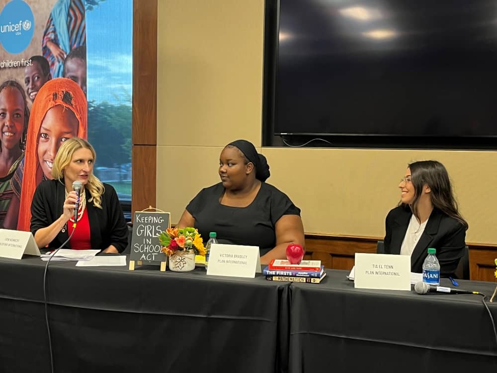 Victoria (center) and Tia (right) spoke alongside a fellow panelist (left) to support passage of the Keeping Girls in School Act.