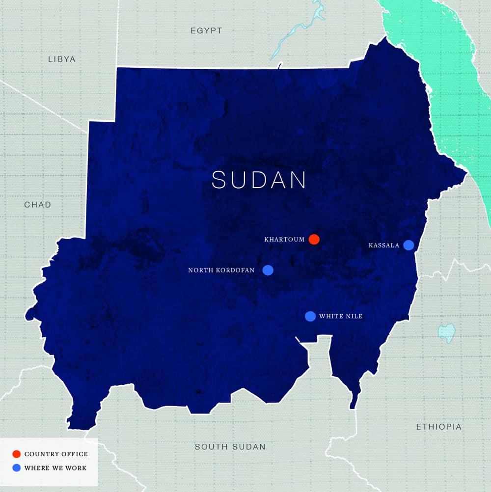 Map of Sudan highlighting areas where Plan works