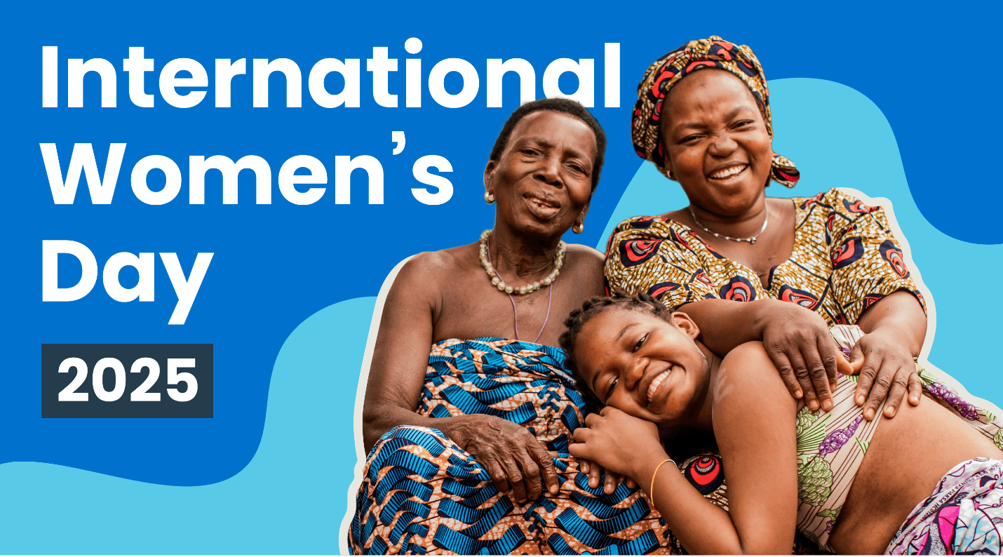 Three women lean on each other wearing brightly colored clothes. Text to the right of them reads