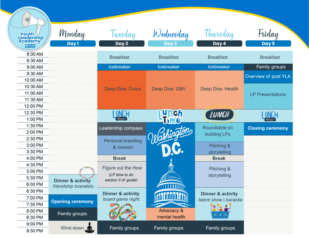 Sample schedule from the Youth Leadership Academy showing daily leadership sessions