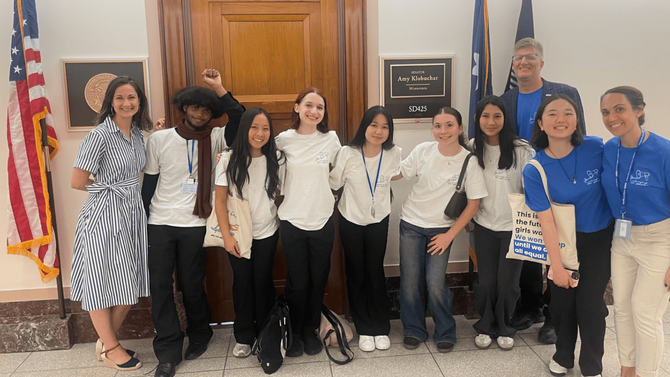 Plan International USA’s Youth Leadership Academy participants meet with Sen. Amy Klobuchar to advocate for the TAKE IT DOWN Act