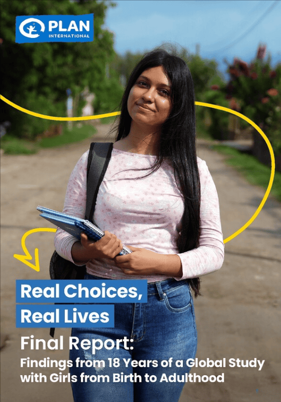 Young woman holding notebooks on a rural road with “Real Choices, Real Lives” report title overlay