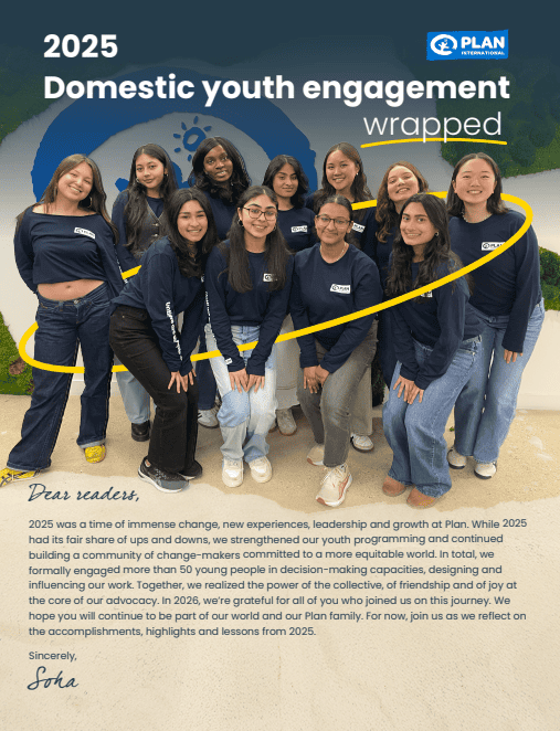 Group of Youth Advisory Board members standing together for the cover of Plan International USA’s 2025 Domestic youth engagement wrapped report.